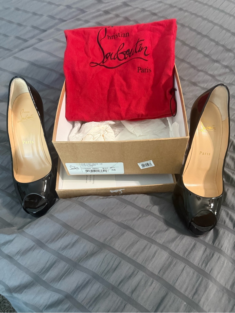 Christian Louboutin Black Patent Peep-Toe Heels with Red Dust Bag